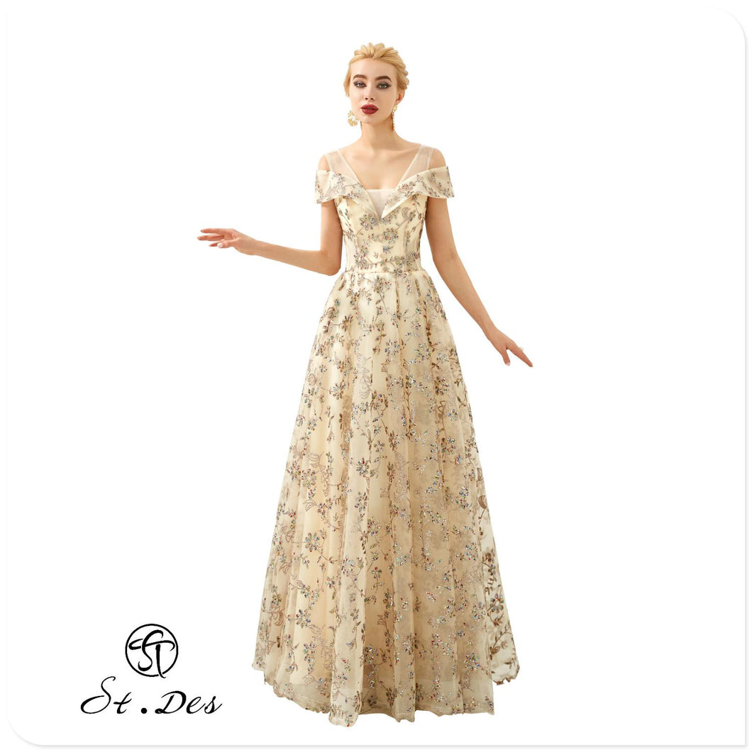 NEW 2020 St.Des A-line V-neck Russian Champagne Sequins Beading Sleeveless Designer Floor Length Evening Dress Party Dress